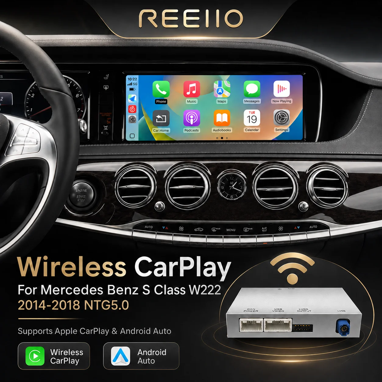 REEIIO Kabelloses CarPlay Android Auto Interface für Mercedes Benz S-Klasse 2014-2017 NTG5.0 System Auto-Modifikationszubehör mit Mirror Link AirPlay BT GPS MAP Siri