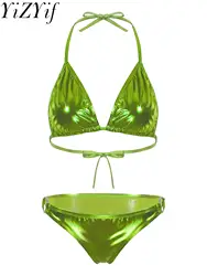 Maillot de bain en cuir verni brillant pour femmes, ensemble de lingerie, micro bikini sexy, soutien-gorge à lacets licou, Y-avec tongs, été