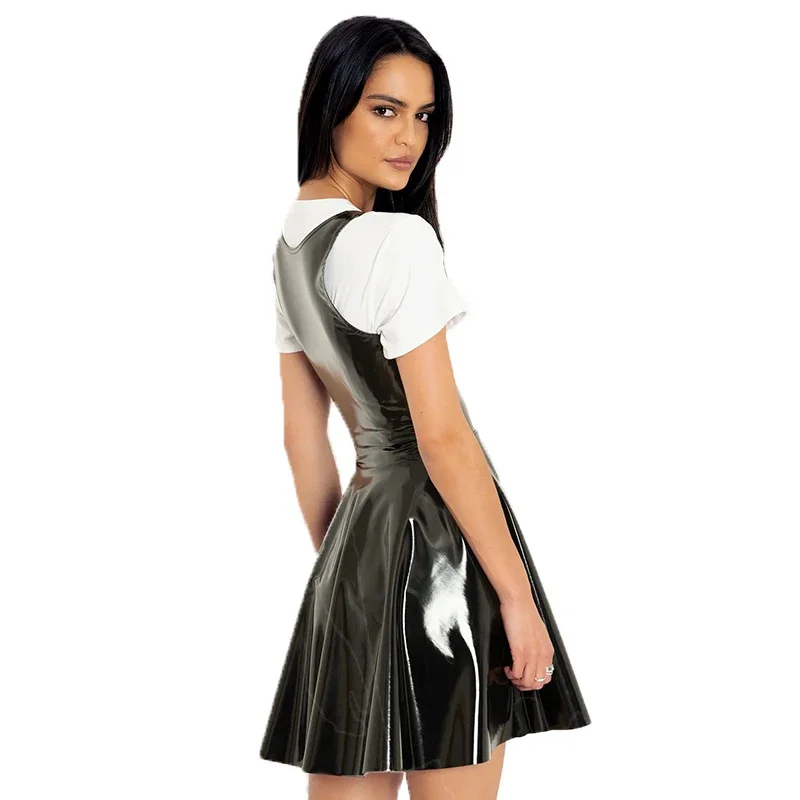 Shiny Faux Latex Lady Bodycon Pleated Dress Sleeveless Tank PVC High Waist Side Zipper Short Mini Pencil Dress Summer NEW Custom