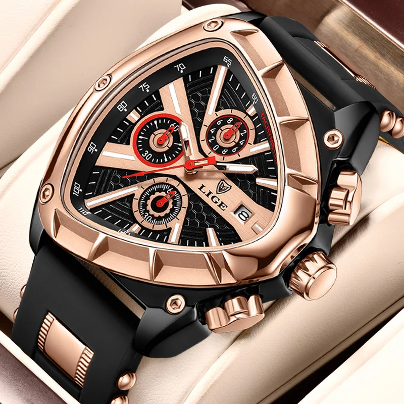 

LIGE Top Brand Men's Watches Luxury Triangle Quartz Wristwatch Waterproof Luminous Chronograph Watch for Men Date Clock+Box