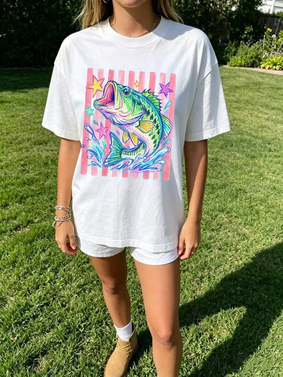 Women's Preppy Graphic Tee Retro Bass Fish Print Pastel Fishing Short Sleeve Coastal Lake Colorful T Shirt For Summer Beach Casual Top Beach Lover Gift Idea