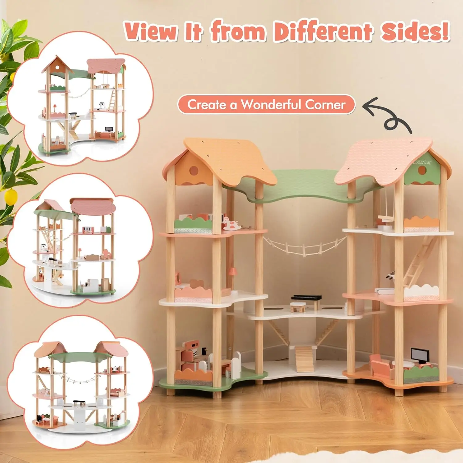 บ้านตุ๊กตา, ชุดตุ๊กตาไม้พร้อม/7 ห้อง, อุปกรณ์เสริม 31 ชิ้นและเฟอร์นิเจอร์จิ๋ว, ชุดของเล่นแกล้งทําเป็น, ตุ๊กตาใหญ่ 2.8 ฟุต H
