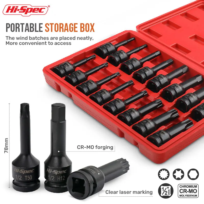 Hi-Spec 16 buah 1/2 inci Set soket mata obeng heksagonal, Set soket Adaptor konverter peredam untuk reparasi