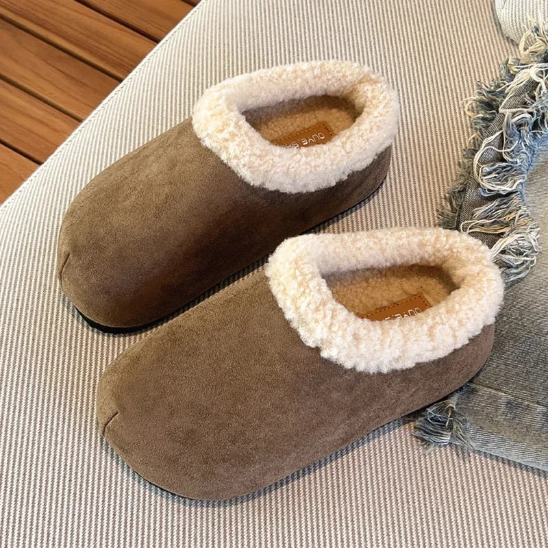 Women Mules Suede Flats Fur Slippers Short Plush Shoes 2025 New Trend Casual Woman Winter Snow Boots Flip Flops Warm Botas Mujer