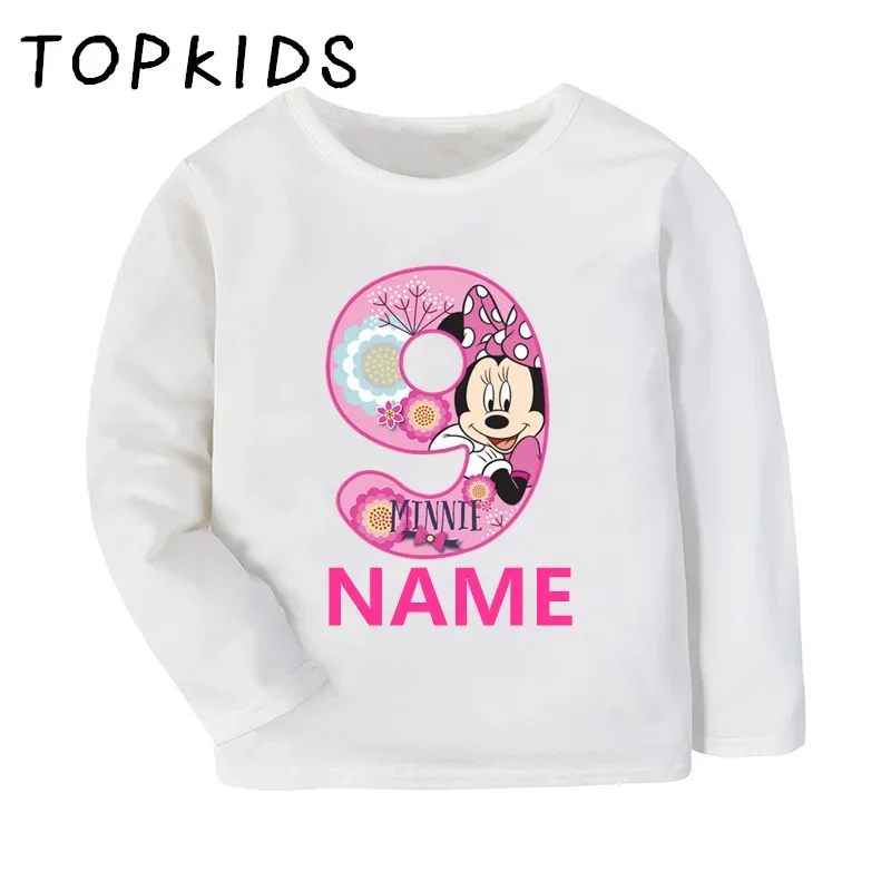 Camiseta con estampado de Minnie Mouse para niñas, ropa de manga larga con nombre personalizado, número de cumpleaños, 1, 2, 3, 4, 5, 6, 7, 8, 9 años