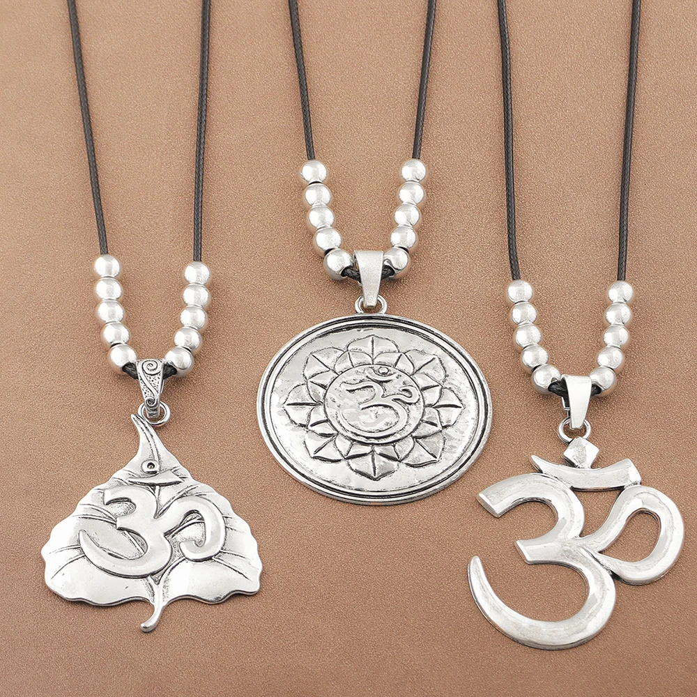 1pc Boho Vintage Large Abstract OM AUM Symbol Yoga Buddhist Pendant Necklaces,Adjustable Beads 35 Inch Wax Rope Chain Jewelry