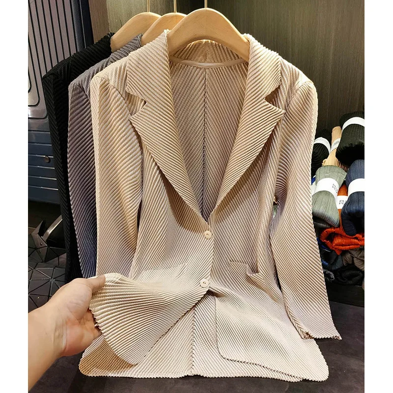 Miyake Pleated Autumn New Simple Solid Color Dragon Scale Pleated Suit Jacket Commuter Two-button Long-sleeved Cardigan Female