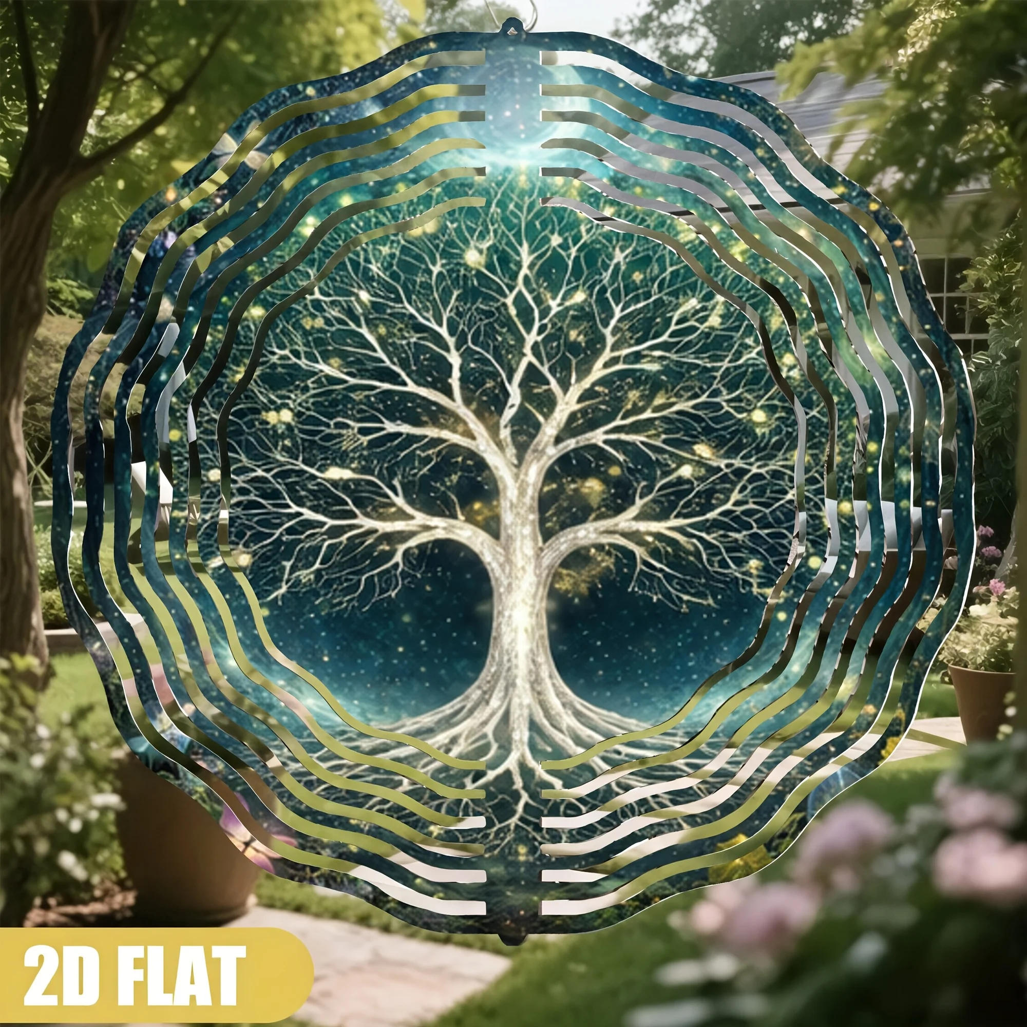 Tree of Life Wind Chime – 360-degree Rotating Metal Wind Ornament, Adorned with a Luminous Cosmic Tree, Stars, and Fireflies