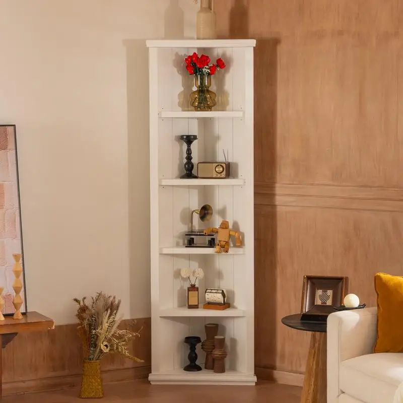 

Set of 2 Tall Triangle Sided 5-Tier Bookshelves - White, Includes Paired Cabinets