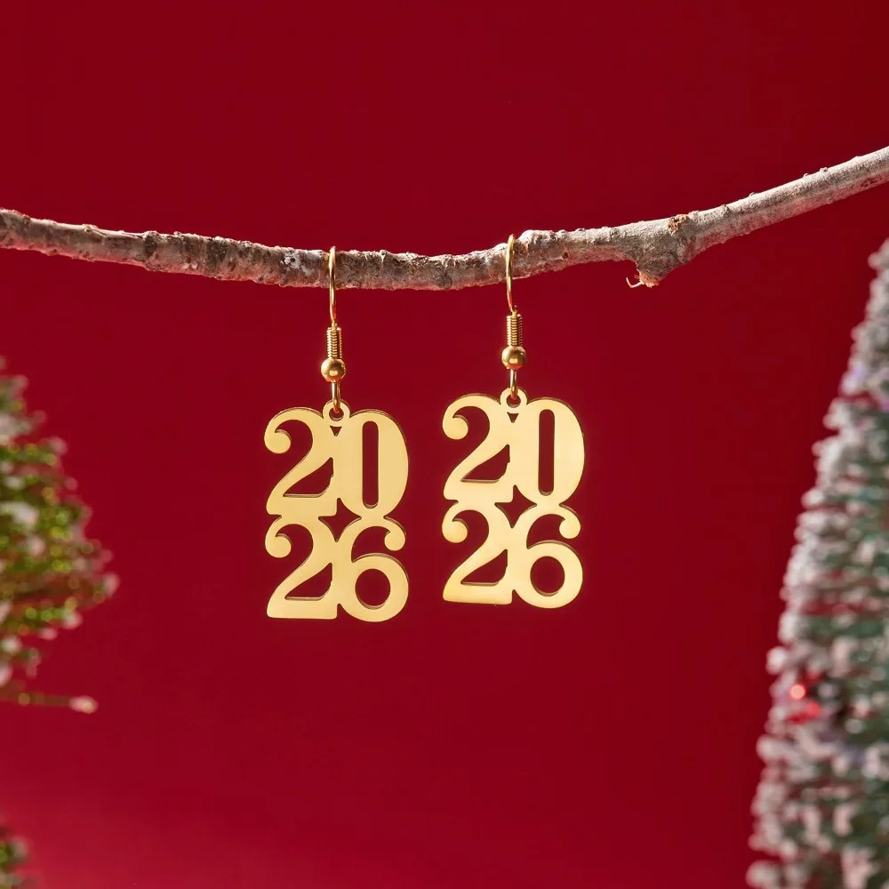 الذهب اللون السنة الجديدة عدد القرط الفولاذ المقاوم للصدأ الحد الأدنى 2026 انخفاض القرط الصدأ واقية تنوعا الأذن قلادة #1