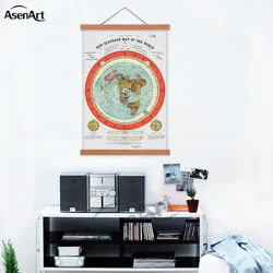Flat Earth Map Scroll Canvas Poster Gleason's New  Of The World With Wooden Hanger Frame Wall Painting Picture Room Decor