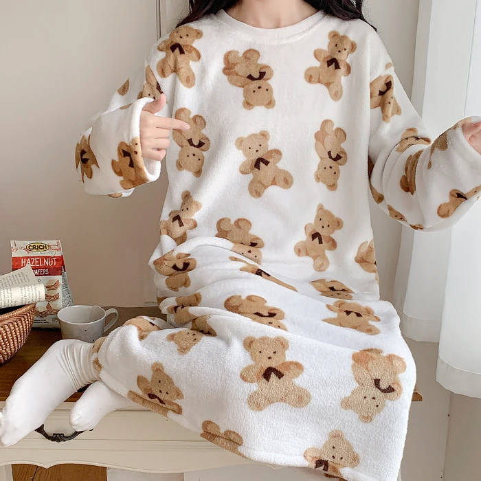 Autumn Winter Nightgowns & Sleepshirts Young Girl Warm Flannel Nightdress Long Sleeve Women Sleepwear cartoon Home Wear Clohtes