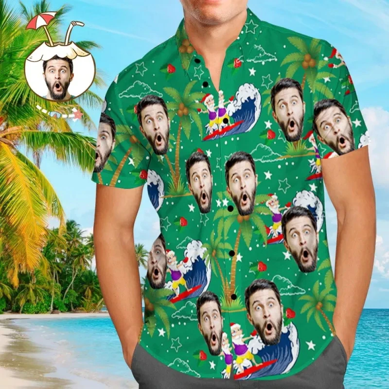 Custom Face Hawaiian Shirt Personalized Surfing Style White Aloha Beach Shirt 3D Printed Button T-shirt Men Women Diy Photo Tops