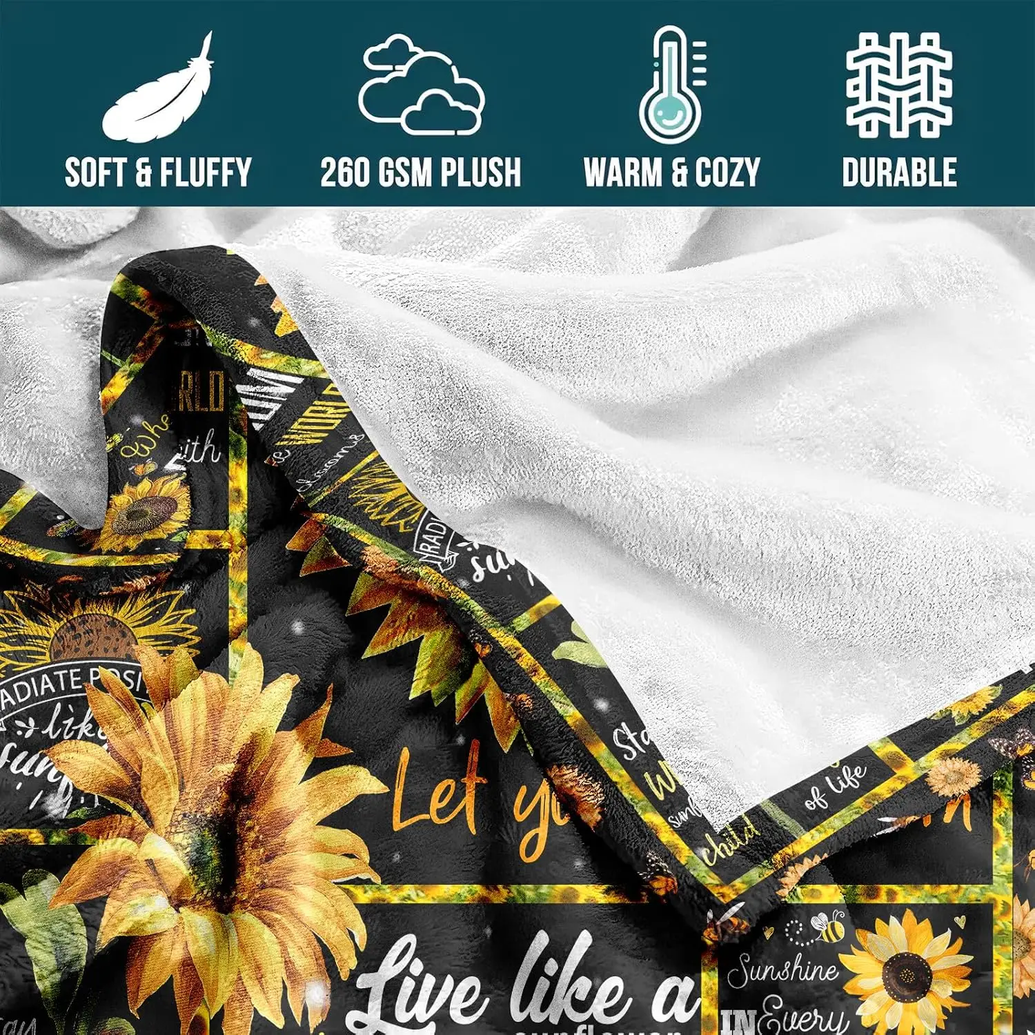 Koc flanelowy z motywem słonecznika, inspirujący napisem: „You are My Sunshine”, koc z cytatem: „Let Your Soul Bloom”, personalizowane koce.
