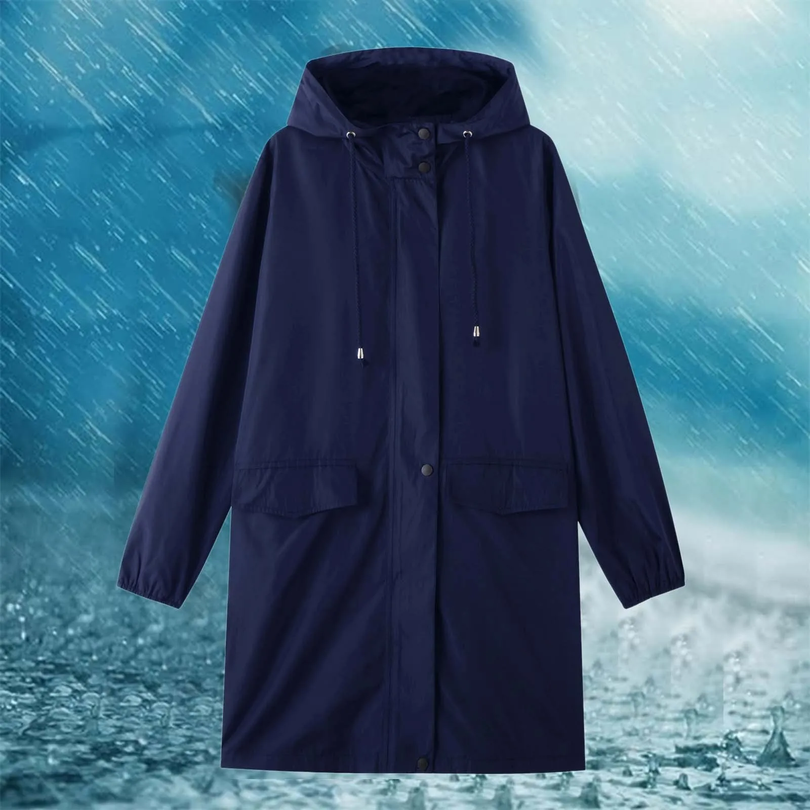 

Breathable Women Raincoat With Hood Lightweight Long Rain Coat S-2xl Ladies Waterproof Drawstring Raincoat With Pockets Full Zip