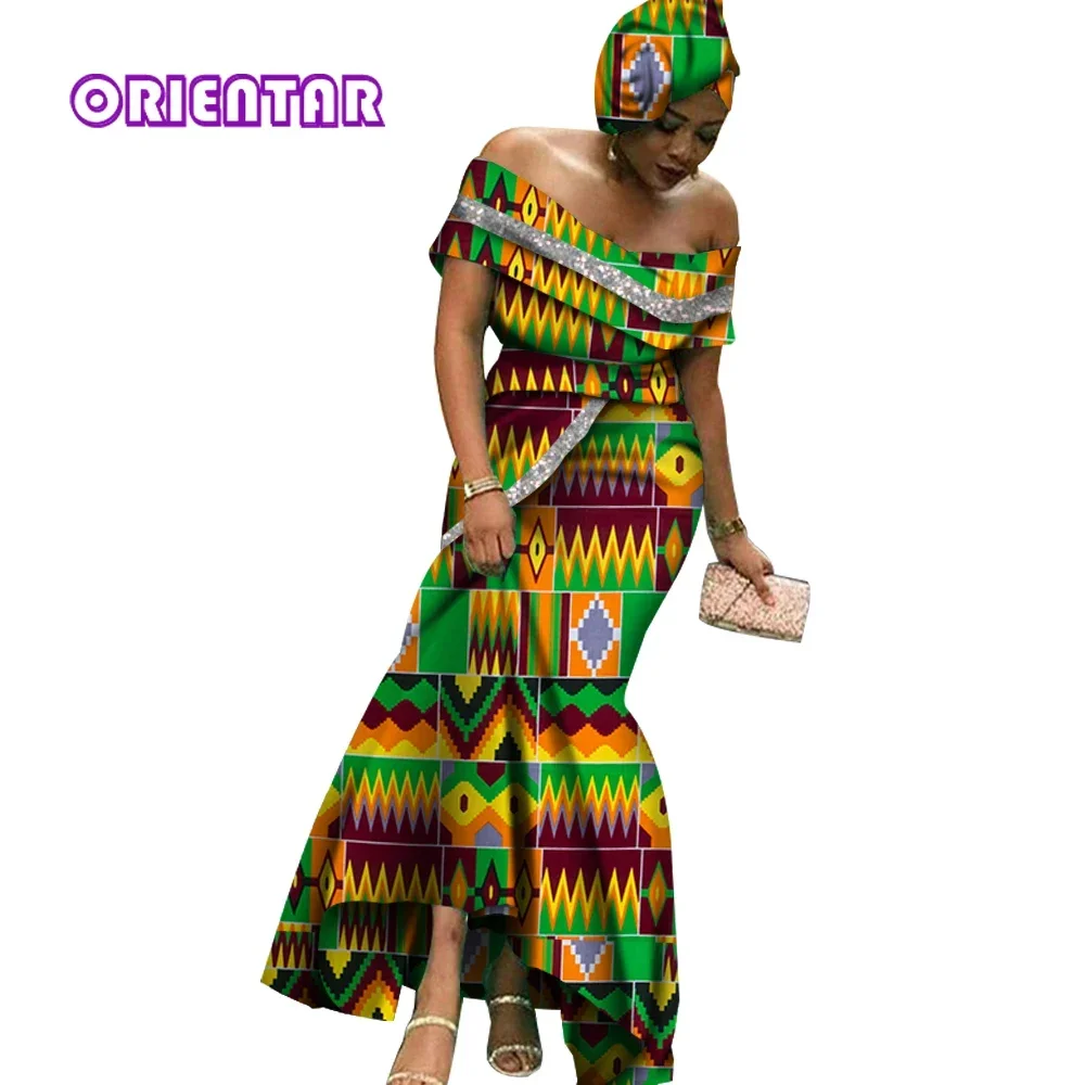 Off Shoulder African Dresses for Women Glittering Neck Ankara Dresses African Print Party Evening Dress Women Maxi Dress WY6396