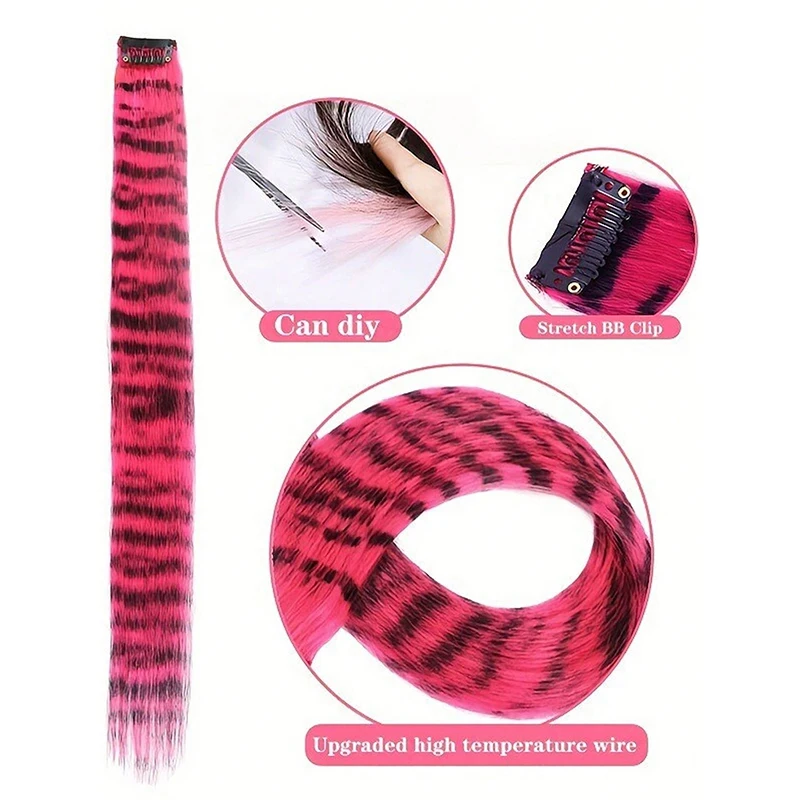 3 Piezas Extensiones de Cabello con Estampado de Leopardo Sintético con Rayas Coloridas Largas y Lacias con Clip para Mujeres Niñas Fiestas 3