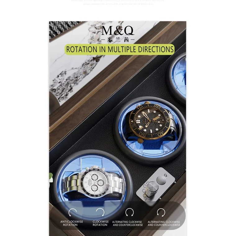 Watch Box 4 Slot Blue Led Light + Cover Opening Emergency Stop Function Automatic Chain Device Watch Winder