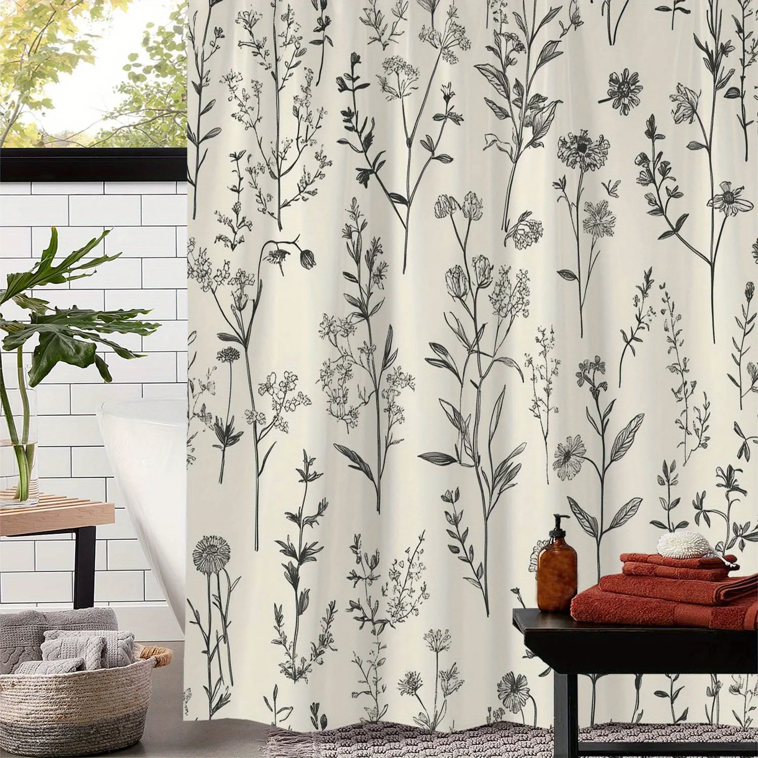Vintage Botanical Floral Print Shower Curtain with Hooks - Elegant Polyester Fabric, Machine Washable, Natural Inspired Design