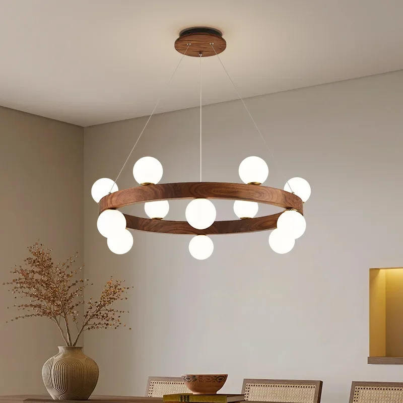 SANDYHA Japanese Round Hanging Chandelier Solid Wood Pendant Lights Glass Ball Led Lamps for Living Room Bedroom Decoration Home