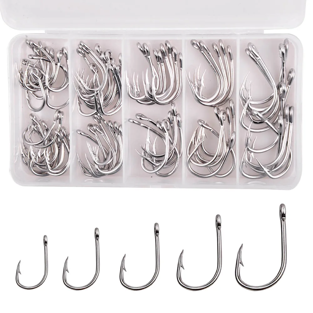 80Pcs Circle Fishing Hooks Live Bait Jig Barbed Hook Stainless Steel Sharp Saltwater Fishhooks Jig rig kit Size 1/0-5/0