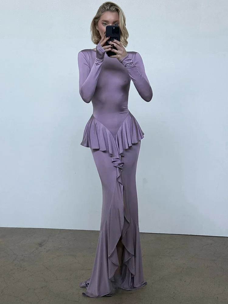 

Sexy Elegant Backless Ruffles Long Maxi Dress for Women Fashion 2025 Lady O Neck Long Sleeve Slim High Split Evening Dress Gowns
