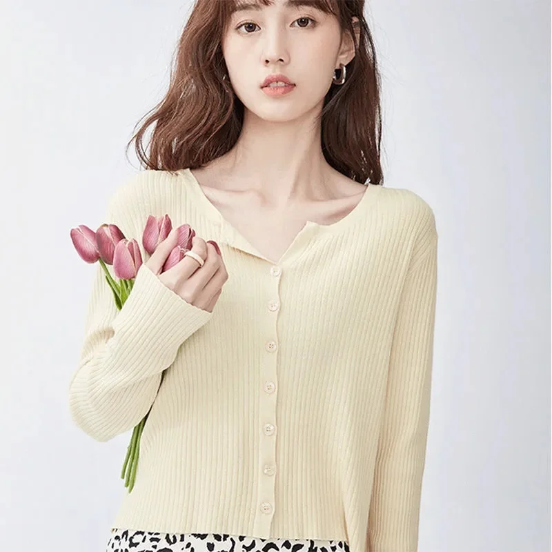 Thin Ice Silk Knit Cardigans Sun Protection Clothing Korean Fashion Air Conditioner Shirt Loose V Neck Summer Long Sleeves Tops