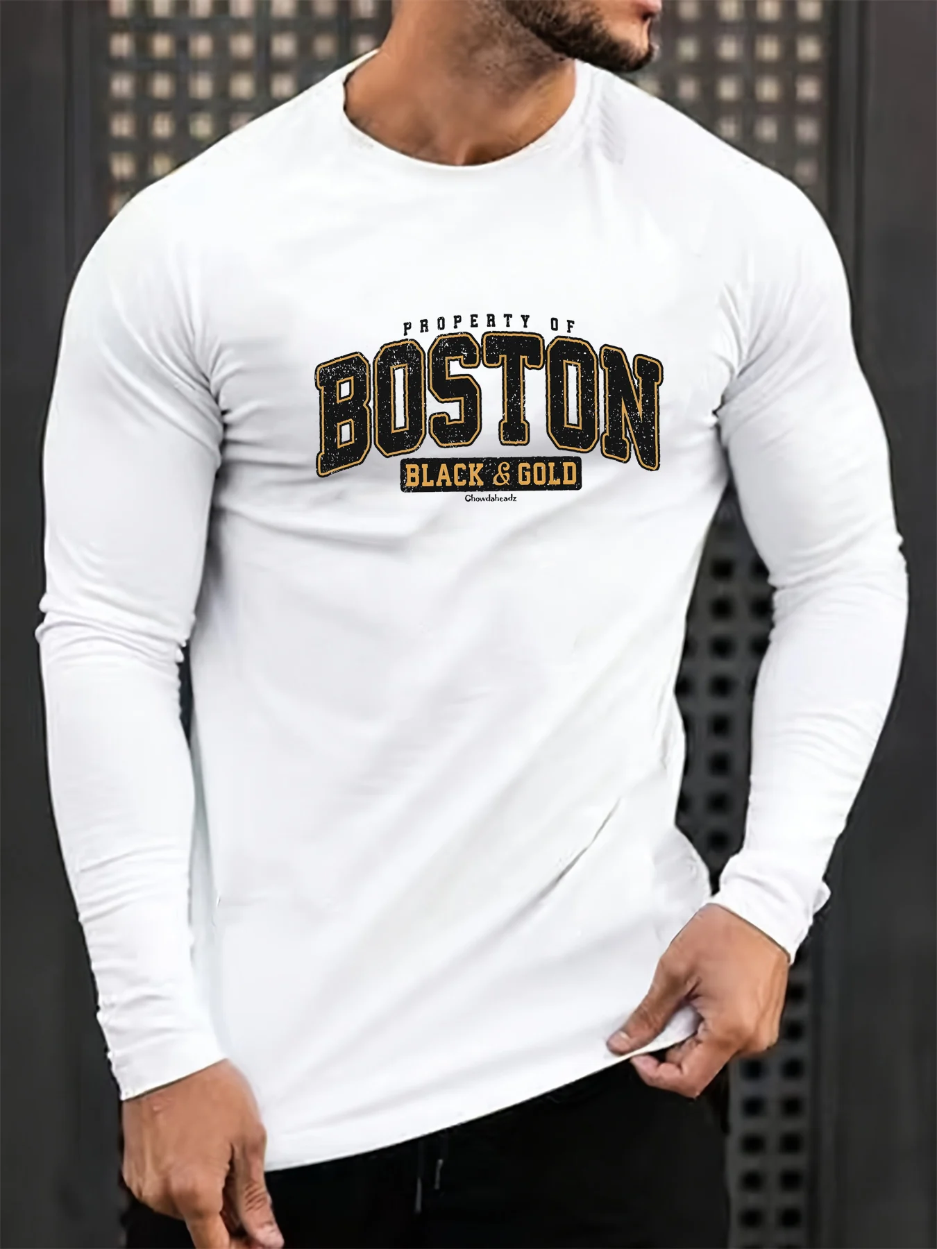 100% pure cotton men's long sleeved round neck loose casual Boston letter printed spring and autumn versatile T-shirt top