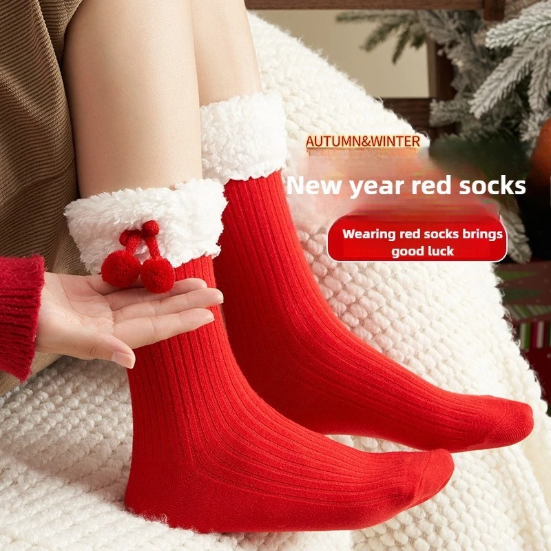 Weihnachtssocken Damen Herbst und Winter Neujahr Samtsocken Spitze Schleife Tube Lolita Rote Röhrensocken