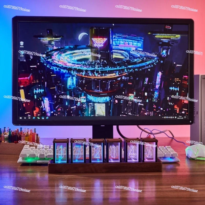 

LED Electronic Digital Alarm Clock Atmosphere Clock Home Decoration Gift 4/6 Tube RGB Full Color Glow Tube Clock Walnut