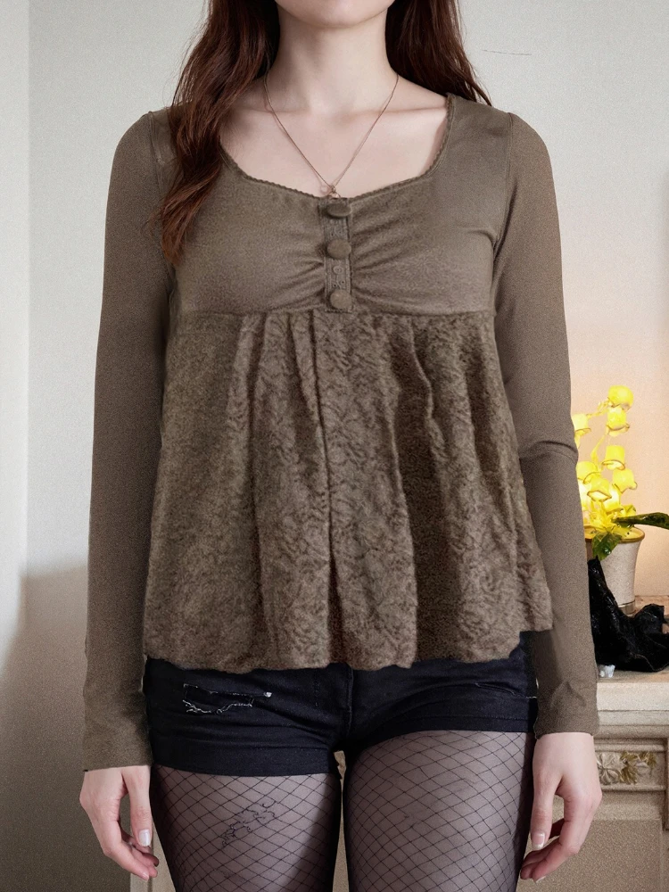 

Korobov Sweet Cute Square Collar Long Sleeve Patchwork Lace Flower Print Loose All Match T-Shirts