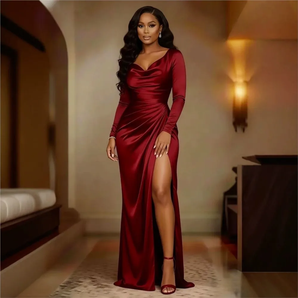 Herbstliches, einfarbiges, figurbetontes Kleid für Damen, V-Ausschnitt, lange Ärmel, hoher Schlitz am Saum, schmales Kleid, elegantes, gerafftes Kleid mit hoher Taille für Partys.