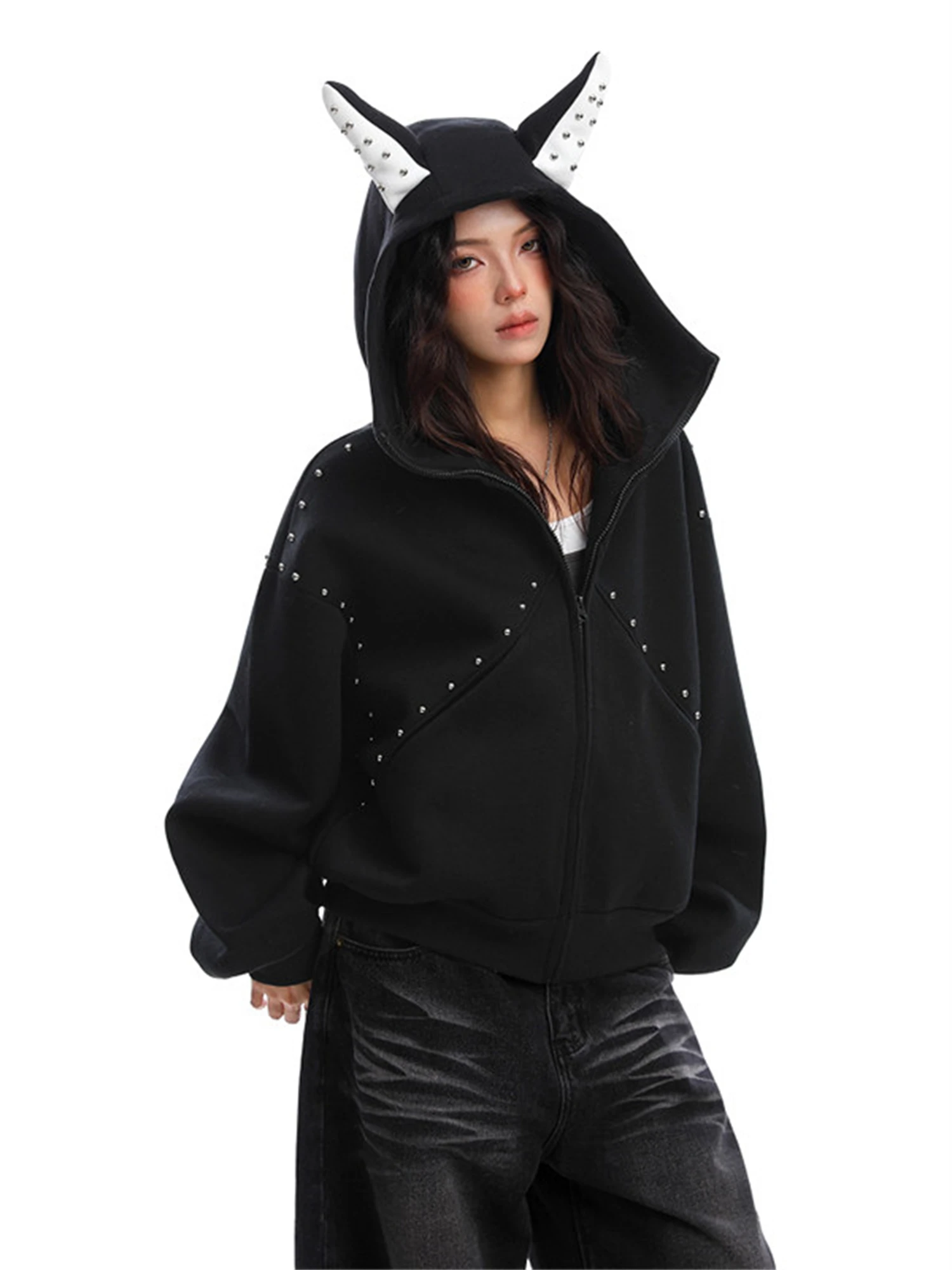 Y2K E-girl Gothic Devil Horn Rivet Zip Up Hoodie Women Oversized Long Sleeve Grunge Aesthetic Streetwear Jacket