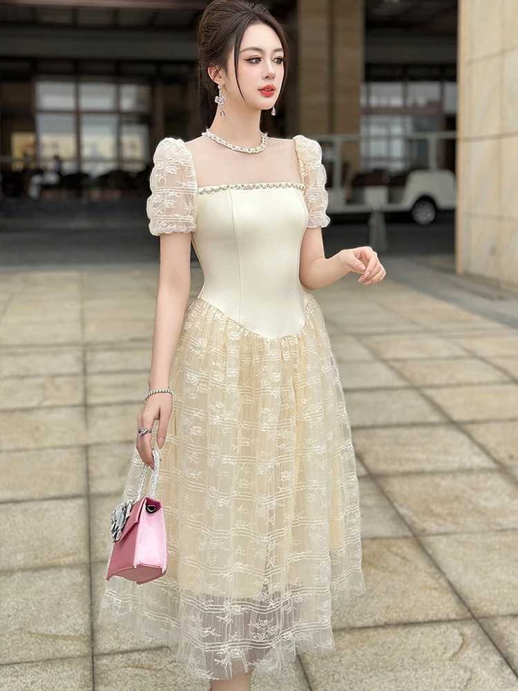 Women Clothes Gown Evening Sweet Lace Floral Sexy Puff Sleeve Corset  A-Line Dress Elegant Luxury Fashion Party Prom Vestido New