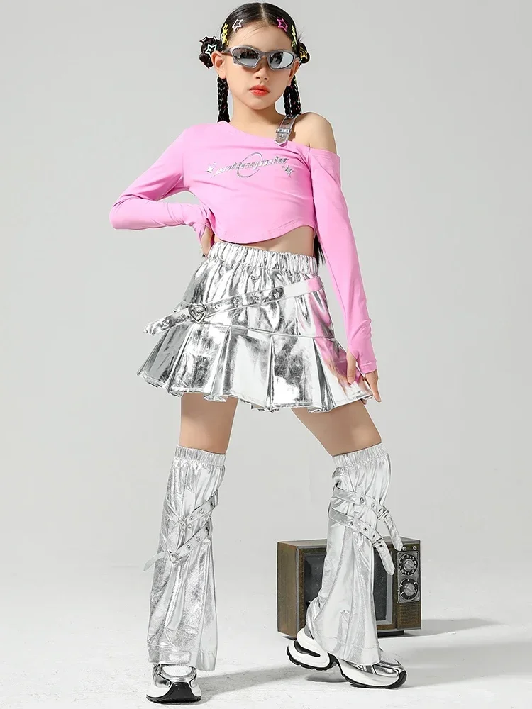 Traje de baile de Jazz Kpop para niñas, Tops rosas, falda plateada, traje de actuación de baile callejero para niños, Ropa de baile de Hip Hop