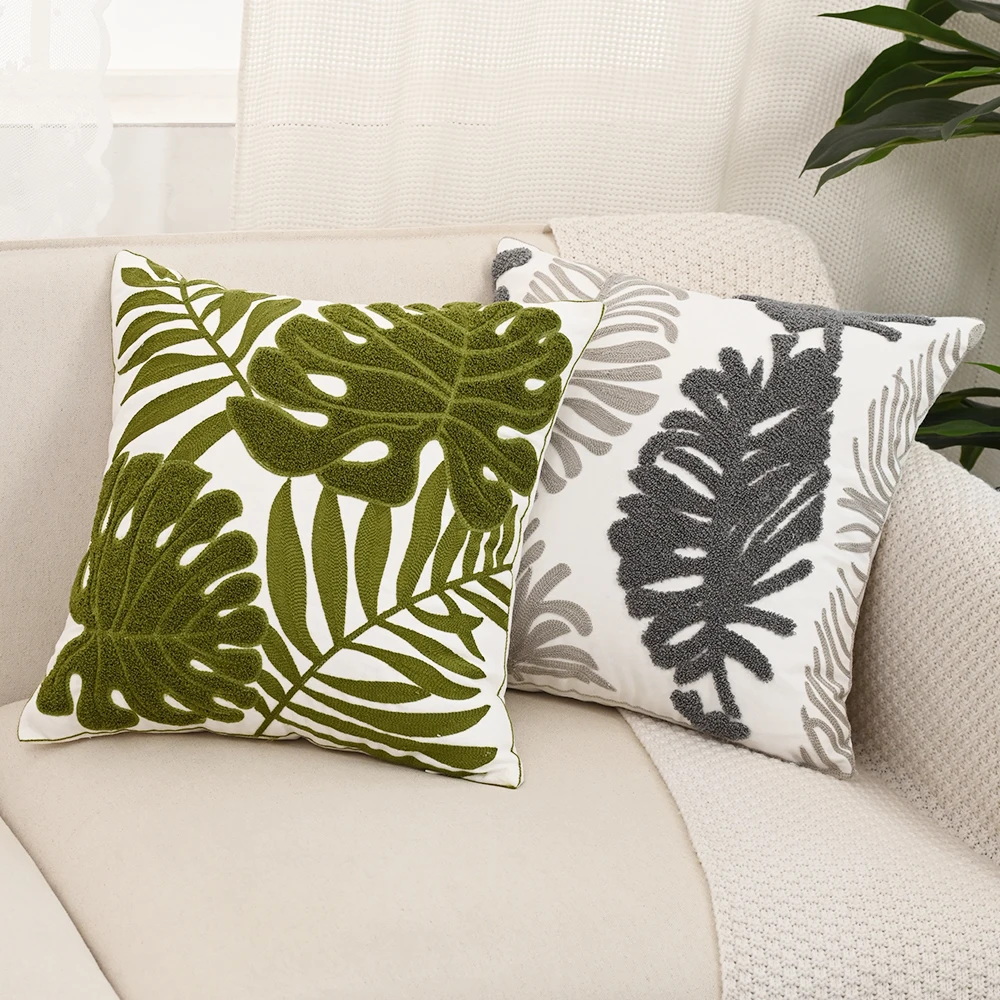 BUYNOW Blatt bestickter Kissenbezug, 45 x 45 cm, beliebtes nordisches Kissen aus reiner Baumwolle, Wohnzimmer, Sofa, Kissen, Kissenbezug, Dekor – Detail 4