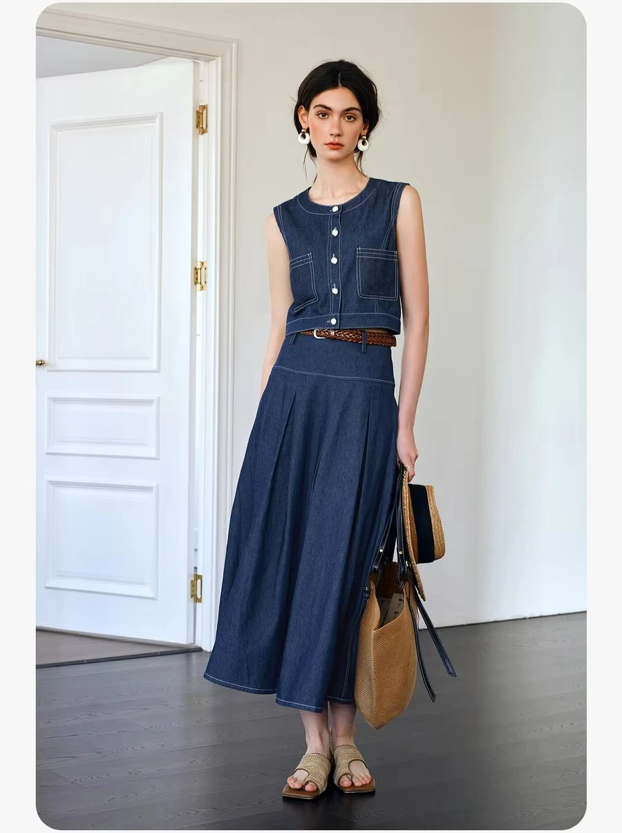 

OLrain Women Summer Denim Skirt Suit 2025 Ladies Elegant French Retro Waistcoat A Line Skirt Two Piece Woman Outfits O57XE98012
