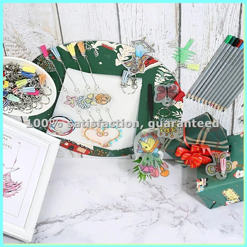 Shrinky Plastic Sheets Keychain Kit, Shrinky Paper, Colored Pencils, Tassels,Keychains,Hair Clips,Hole Punch for Crafts-ABFB