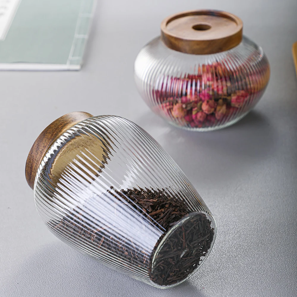 1L Wood Lid Glass Airtight Canister Kitchen Storage Bottles Jar Food Container Grains Pu\'er Tea Can Coffee Beans Candy Jars