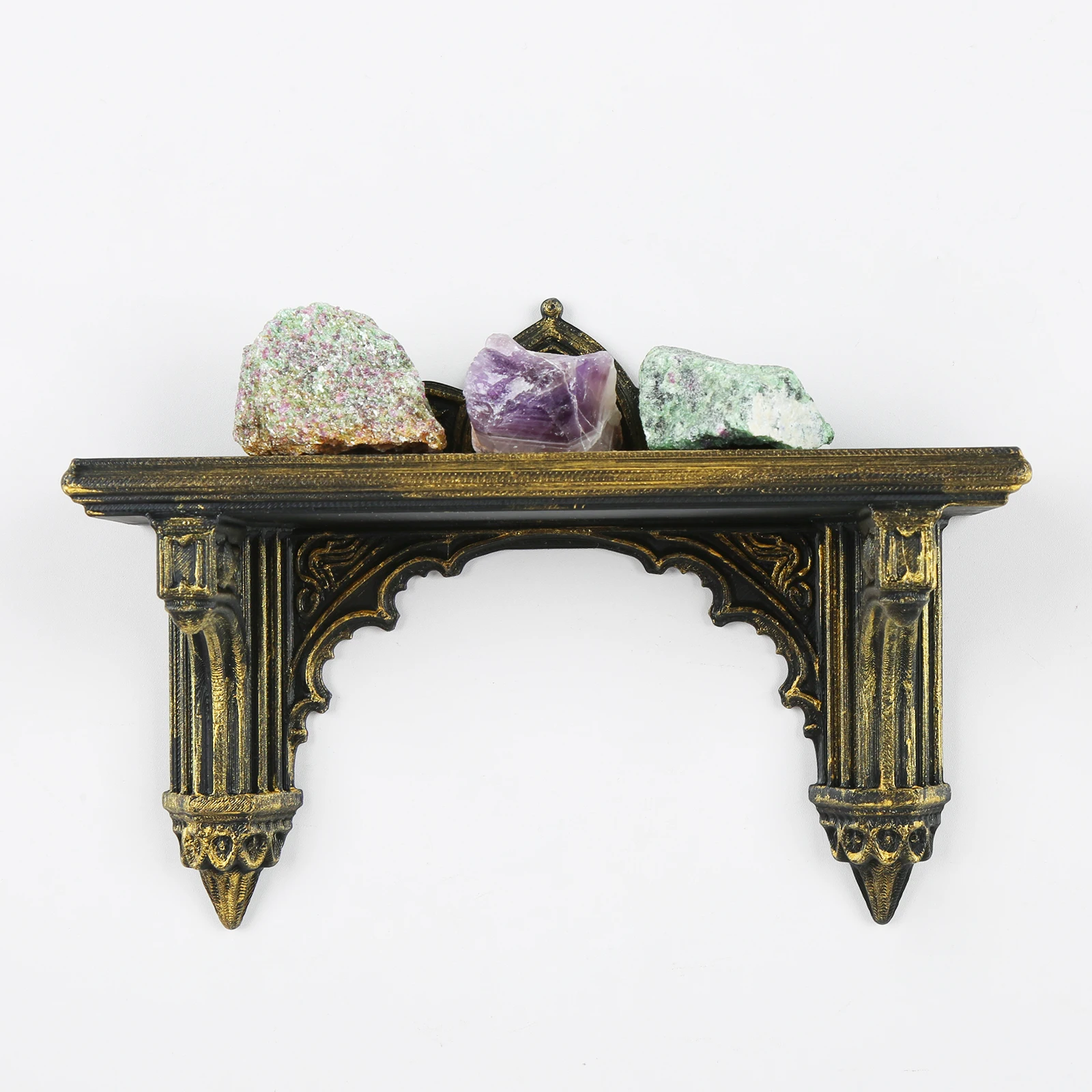 Gothic Cathedral Arch Wall Shelf, Black Gold Plastic Floating Shelf for Crystals Figurines Dark Academia Home Wall Decor
