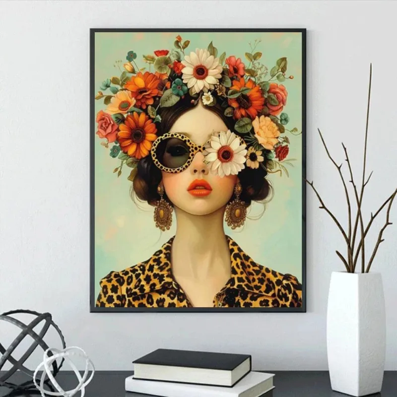 Beautiful Woman with Glasses Flower Posters and Prints on The Canvas Prints Modern Art Woman Wall Paintings Room Decor Picture