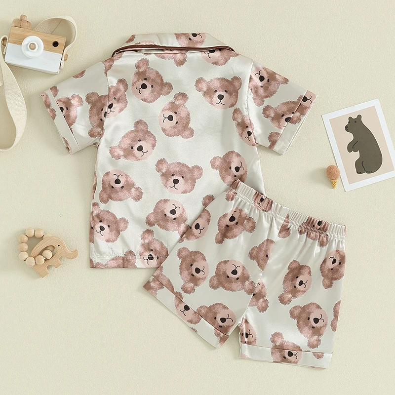 Blotona Kids Boys Girls Summer Pajama Set Cartoon Bear Print Lapel Short Sleeve Shirt with Elastic Waist Shorts Outfit Sleepwear