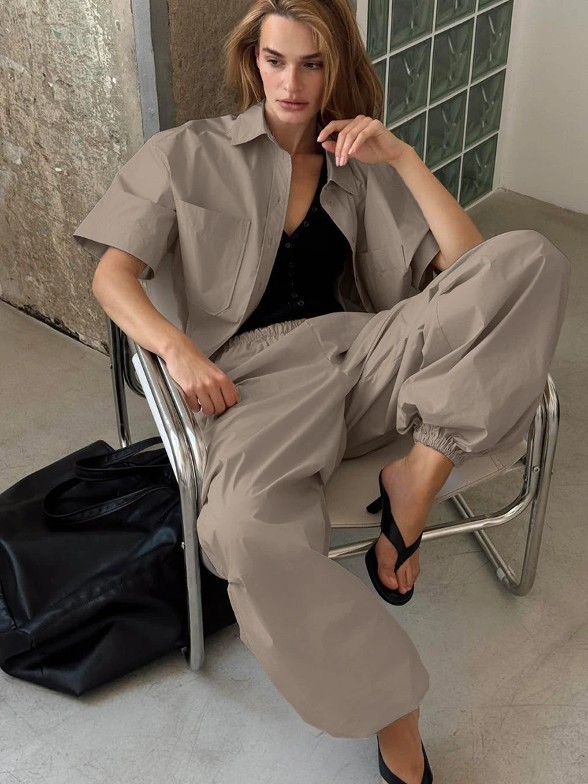 Marthaqiqi Cotton Ladies Sleepwear Set Half Sleeve Nightgowns Turn-Down Collar Nightwear Pants Casual Female Pajama 2 Piece Suit