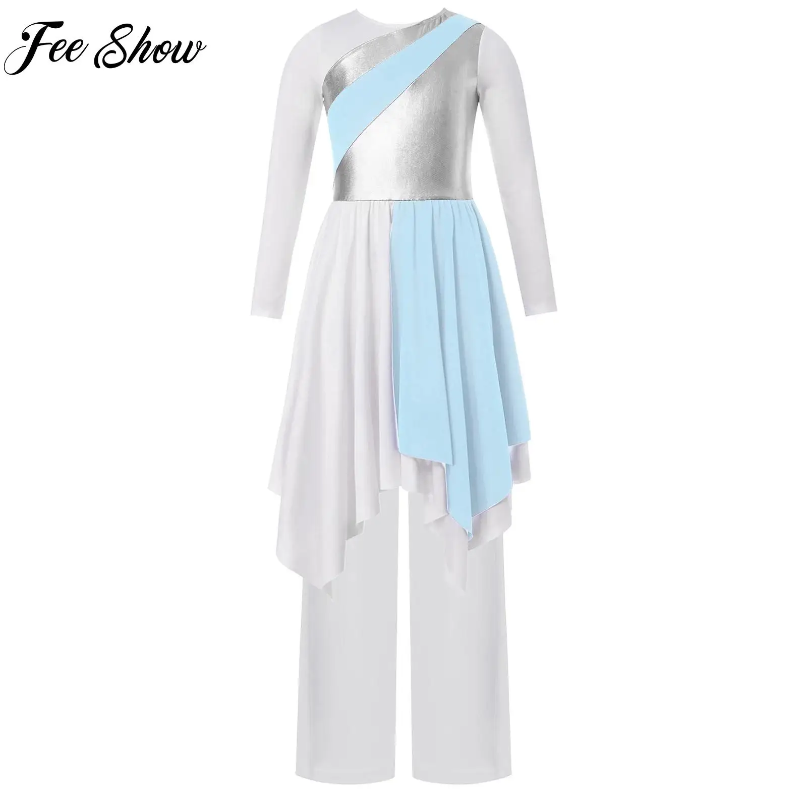 

Teen Lyrical Worship Dance Sets Girls Asymmetrical Hem Metallic Dress+Pants Suit for Liturgical Praise Dance Performance Costume