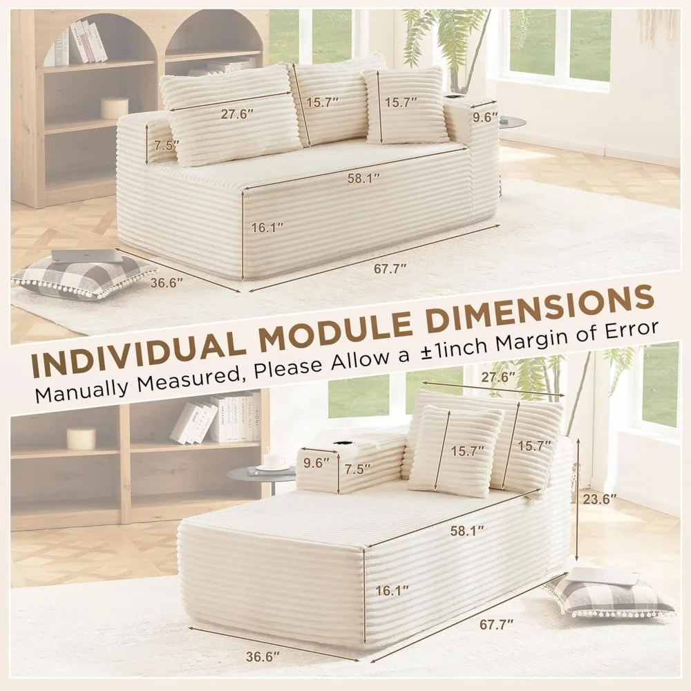 طقم أريكة مقطعية مضغوطة وحدات - تنجيد سروال قصير مخملي، أريكة قابلة للتحويل مع حاملات أكواب ووسائد للمعيشة #2