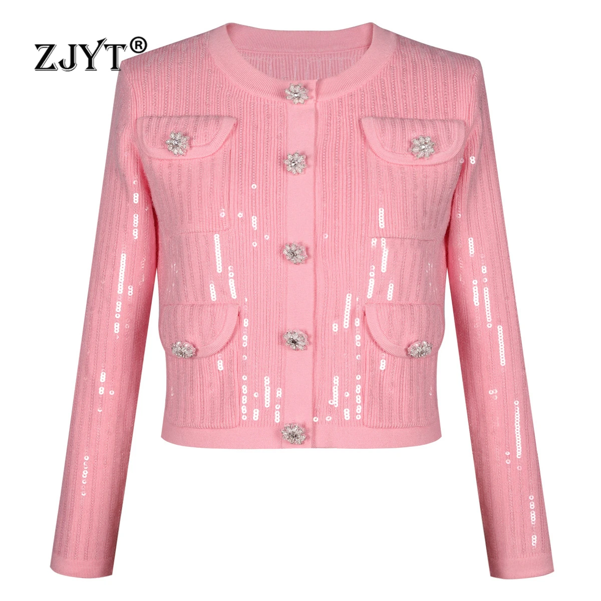 

ZJYT High Quality Luxury Sequined Knitted Cardigan Top Skirt Suit 2 Piece Matching Sets 2025 Spring Long Sleeve Party Outfit