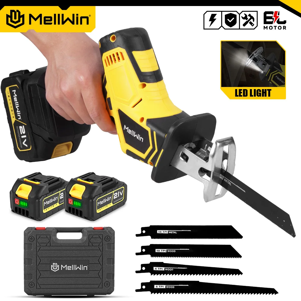 MELLWIN Bürstenlose elektrische Säbelsäge mit 4 Sägeblättern, Metall, Holz, kabelloses elektrisches Sägesägewerkzeug für Makita 18 V Batterie-Pin