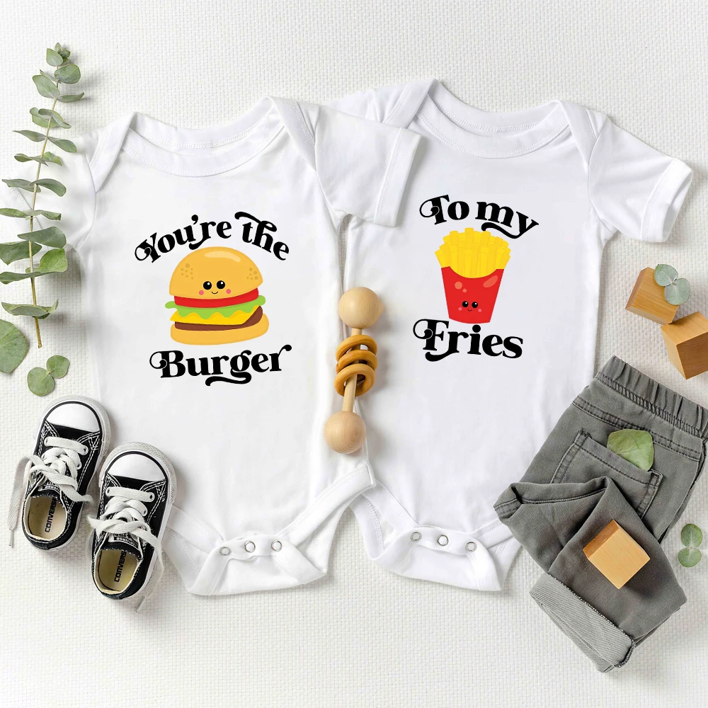 Cute Twin Baby Boys and Girls Clothes “You're The Burger To My Fries” Cartoon Fashion Popular Newborn Onesies American Style