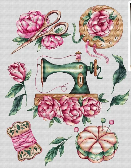 DIY Needle Work 37-45 Peony Flowers and Sewing Machine Cross Stitch Set Counted Cross Stitch Kit  28ct 14ct 32ct Metallic aida