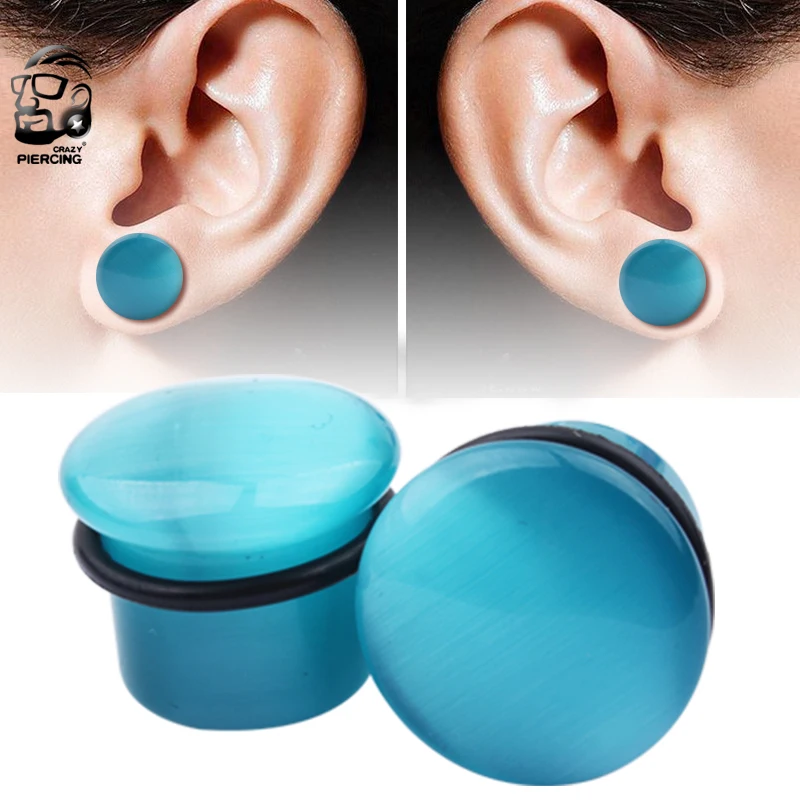 2pcs Lake Blue Color Flesh Ear Gauges Natural Single Ear Plug and Tunnels with O-ring Earring Piercing Oreja for Women Men Gift